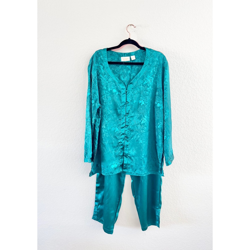 Victoria's Secret Pajama Pants Women L Teal Vintage Satin Jacquard Damask Lounge